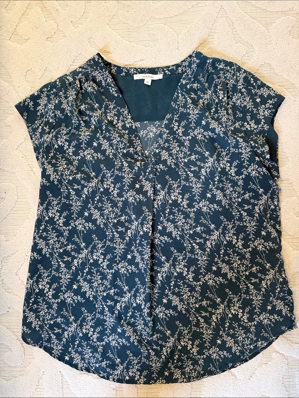 fun 2 fun Teal Floral V-Neck Short Sleeve Blouse